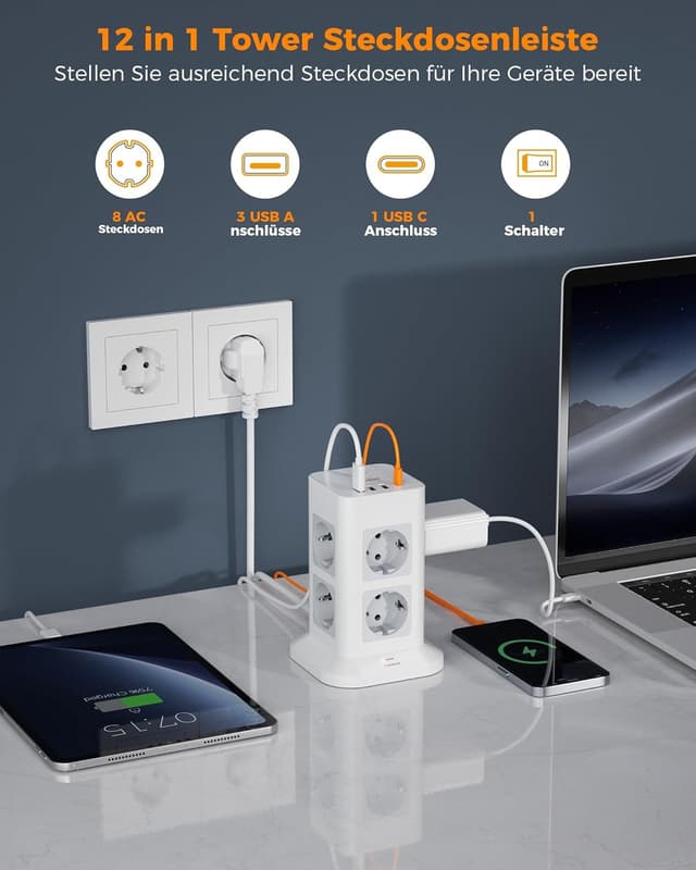 Detalle 2 de TESSAN 8 Fach Mehrfachsteckdose USB C 3600W