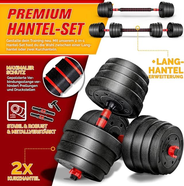 Detalle de RE:SPORT 2-in-1 Hanteln Set 15–30 kg (Kurzhantel & Langhantel), verstellbar mit Verbindungsrohr