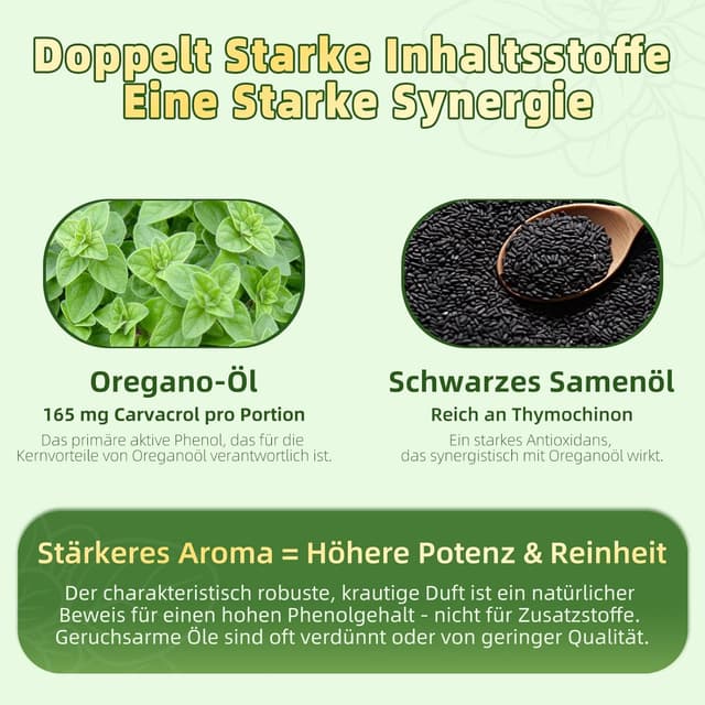 Detalle 2 de Oregano Öl Kapseln 6000 mg (2-in-1 Oregano & Schwarzkümmelöl) – 180 Softgels, vegan, gluten- & laktosefrei
