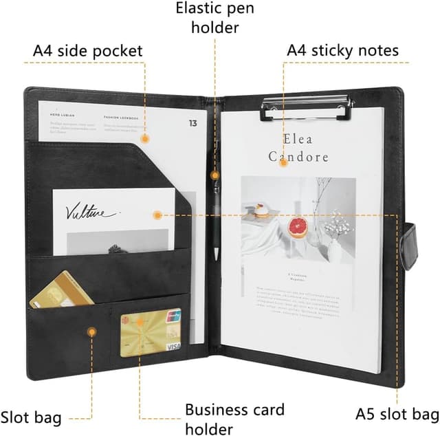 Detalle de OFFCUP Porte documents A4 en cuir PU noir : conférencier avec fermoir magnétique et pochettes