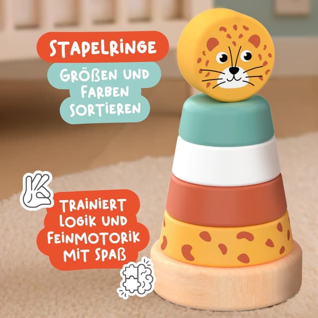 Detalle 2 de Nene Toys Montessori Holzspielzeug 4-in-1 Set ab 1 Jahr (Klangbausteine, Regenmacher, Stapelturm & Giraffen-Labyrinth)