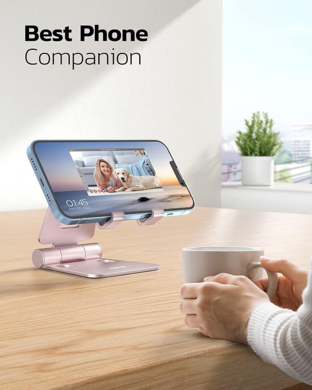 Detalle de Nulaxy Adjustable Phone Stand for Desk (Rose Gold) – Foldable aluminium holder for 4–8 inch phones and e-readers
