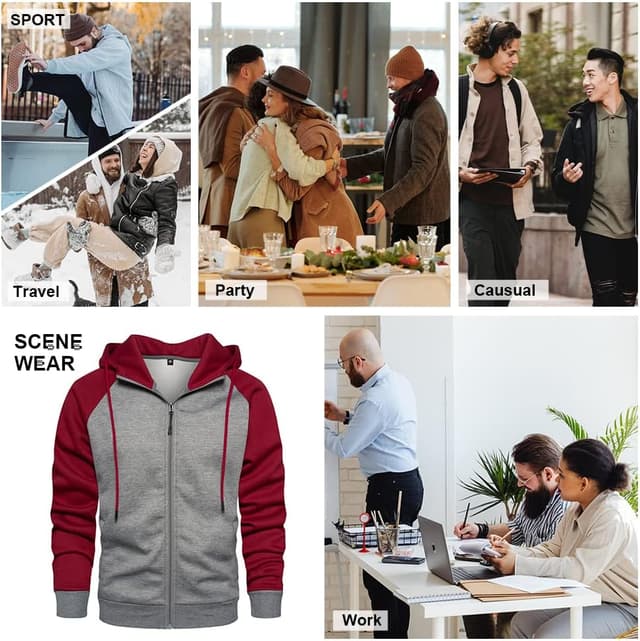 Detalle de Wirltte men’s zip-up patchwork fleece hoodie jacket for winter warmth