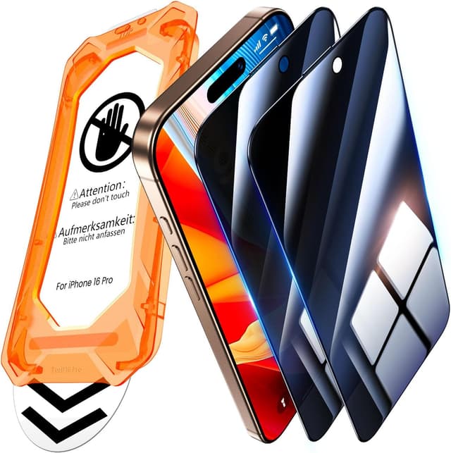 Detalle de UniqueMe Schutzfolie für iPhone 16 Pro mit Sichtschutz (Panzerglas, Full Screen 3D, Auto-Installation) – 2 Stück