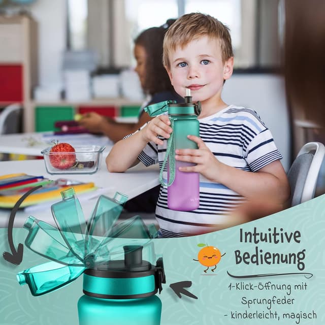 Detalle de My Vesperbox Minny Kinder-Trinkflasche auslaufsicher 500 ml mit Strohhalm oder Sieb (Tritan, BPA-frei) – Lila/Grün