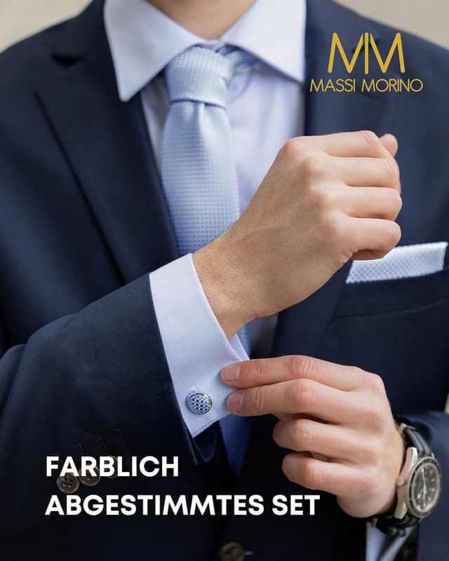Detalle de Massi Morino Morino Krawatte mit Einstecktuch Set Herren – inkl. Manschettenknöpfe, Krawattennadel & Geschenkbox
