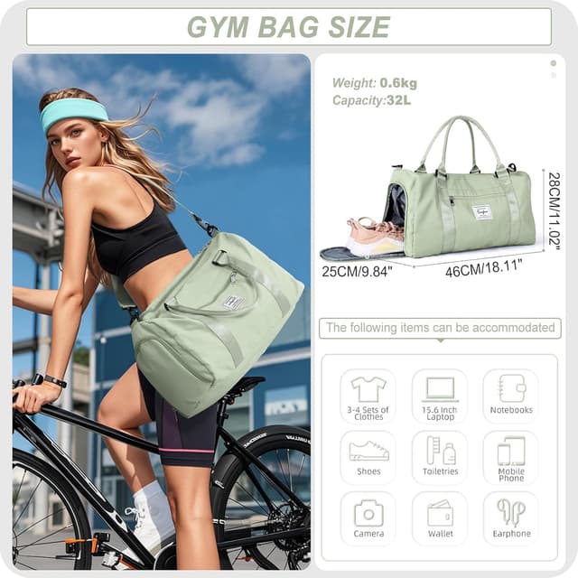 Detalle de HYC00 Sac de sport femme homme avec compartiment chaussures et poche humide – sac de gym weekender Vert Herbe
