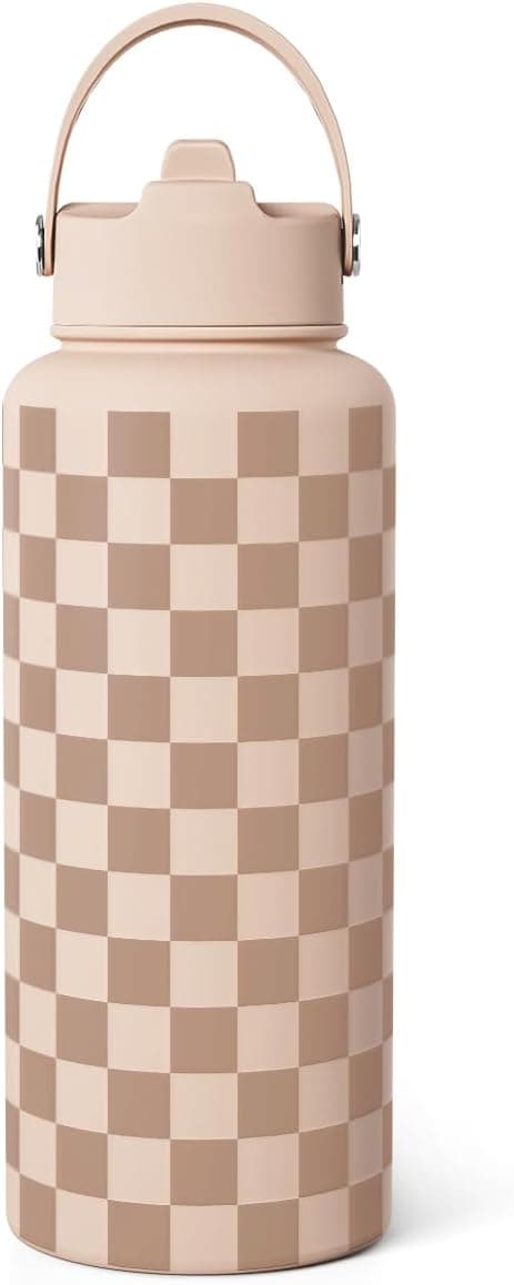 Detalle de Checkerboard Water Bottle 32oz Stainless Steel with Lid & Straw (Beige Checker) — Insulated Sports Bottle