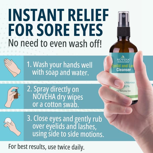 Detalle de NOVEHA Eyelid Cleanser Hypochlorous Acid Spray (4oz, 3-Pack) for Stye Relief and Gentle Daily Lid Cleaning