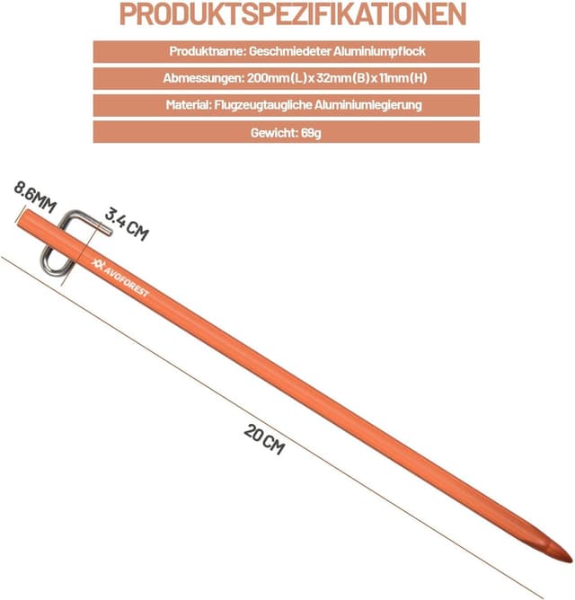 Thumbnail 6 de Zeltheringe AVOFOREST Erdnägel (8 Stück), stabile Aluminiumlegierung, 20 cm – ideal für normaler bis harter Boden