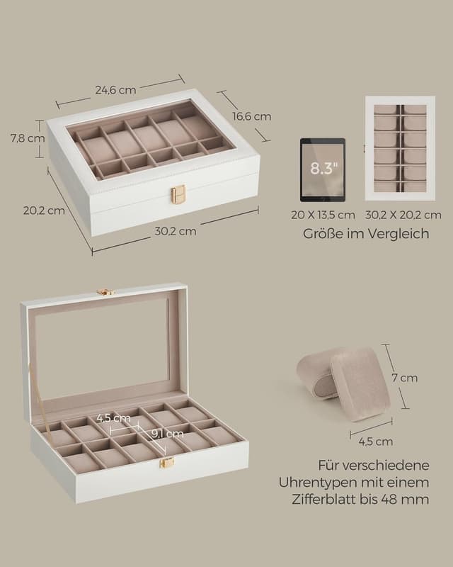 Detalle de SONGMICS Uhrenbox mit 12 Fächern, Glasdeckel und Schaumstoff-Polstern (JWB120W01)