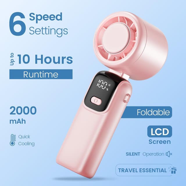 Detalle de HappyGoo Portable Fan (5-Speed Turbo Mini Fan) with Smart LED Display and 2000mAh Battery