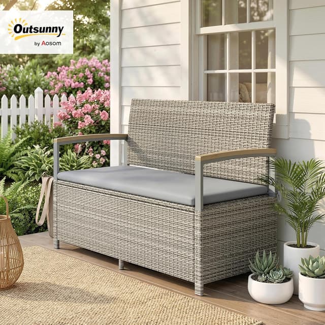 Detalle de Outsunny Banc de jardin avec coffre de rangement 170 L – banquette 2 places en résine tressée grise