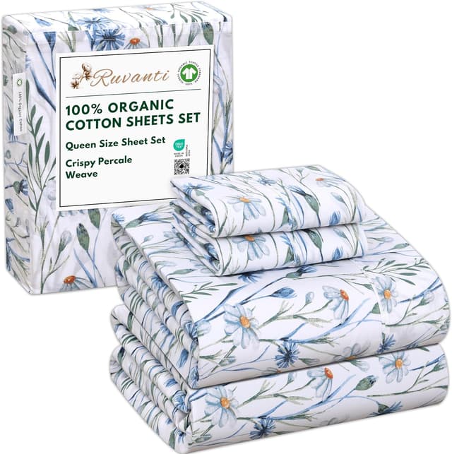 Detalle de RUVANTI 100% Organic Cotton Percale Queen Sheets Set (GOTS Certified) – Deep Pocket 15