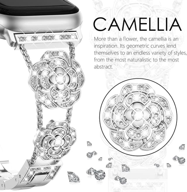 Detalle de Fullife bling metal strap for Apple Watch (38–46mm) – 316L stainless steel camellia design