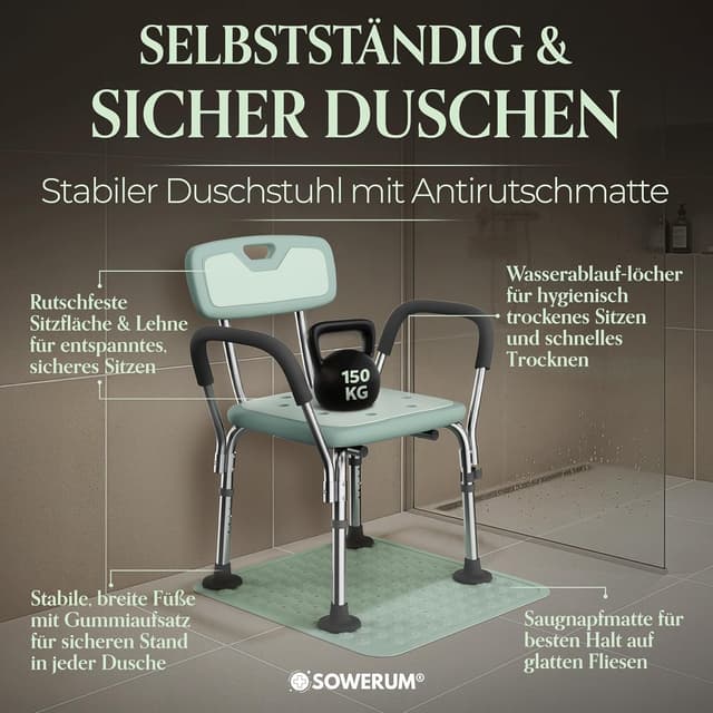Detalle de Duschstuhl für Senioren mit Rückenlehne und Armlehnen (bis 150 kg) – rutschfest mit Antirutschmatte