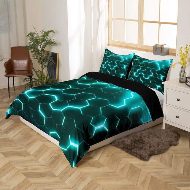 Detalle de Homewish Teal Black King Neon Turquoise Geometric Honeycomb Reversible Duvet Cover Set