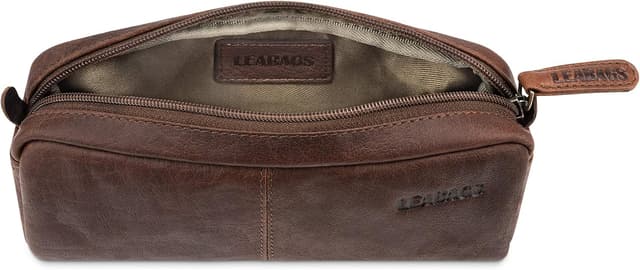 Detalle de LEABAGS Leder-Federmäppchen (Großes Echtleder) Umber – Stiftetui & Stiftmappe für Schule, Beruf und Uni