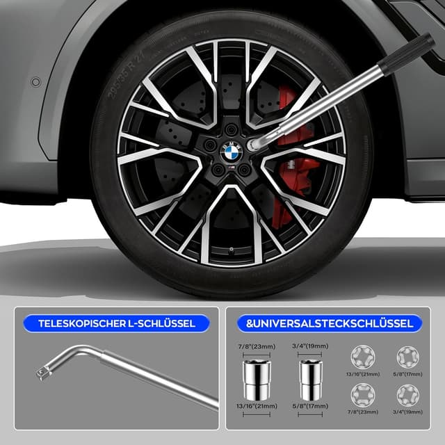 Detalle 2 de IMAYCC Wagenheber 2,5 t (2500 kg) für BMW – Scherenwagenheber mit 2 Gummiauflagen und Radmutternschlüssel