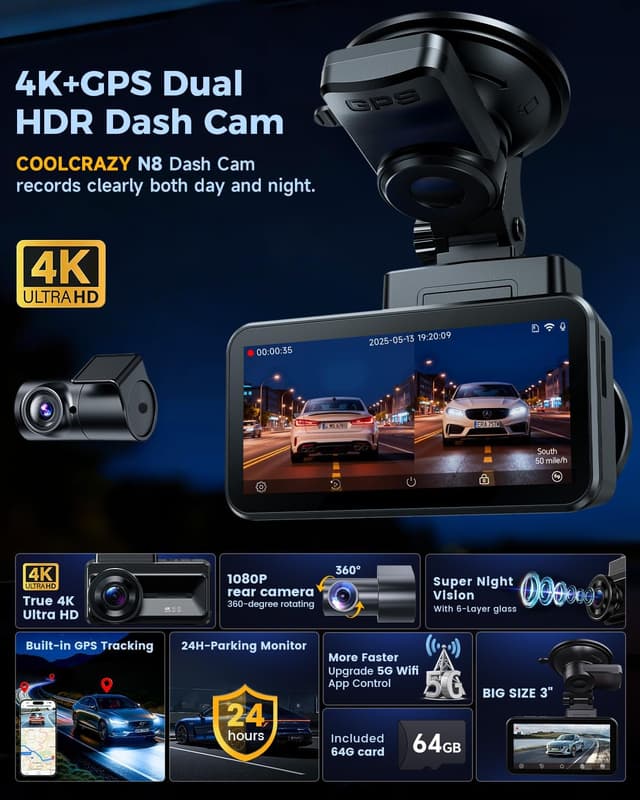 Detalle 2 de COOLCRAZY N8 4K + 1080P Dual Dash Cam