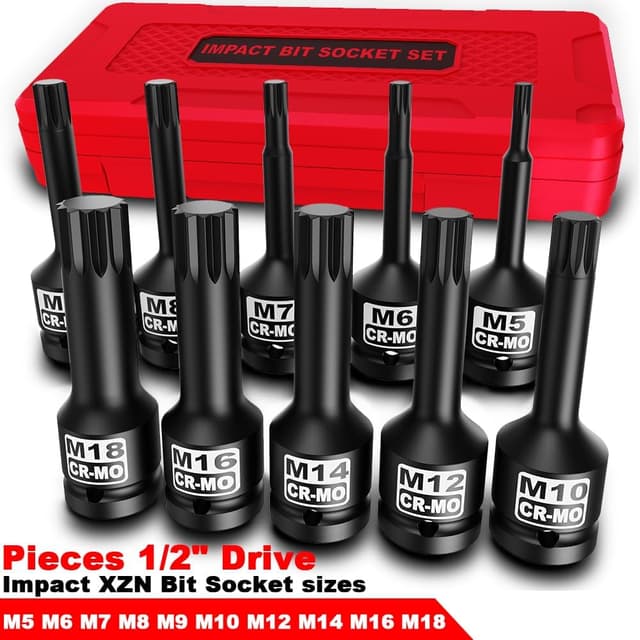 Detalle de KIRXST 1/2 Inch Impact XZN Triple Square Bit Socket Set (M5–M18) – 10 Piece
