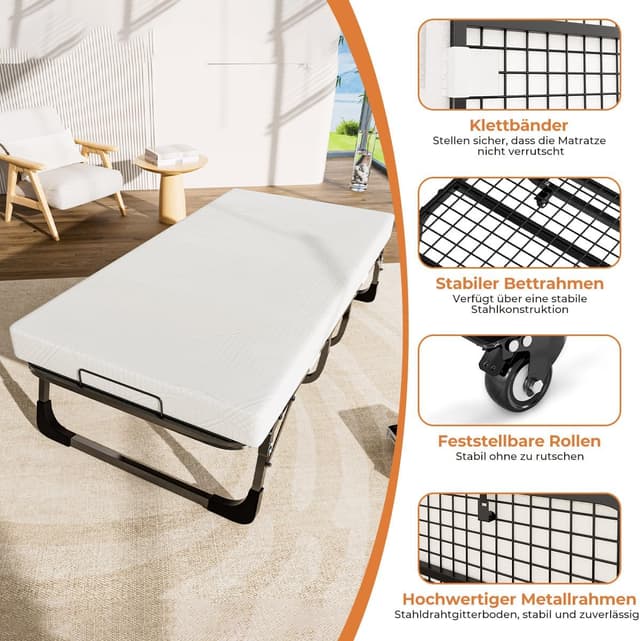 Detalle 2 de Gunuss Klappbett Metall-Klapprahmen inkl. 10 cm Memory-Foam-Matratze – 90 x 190 cm