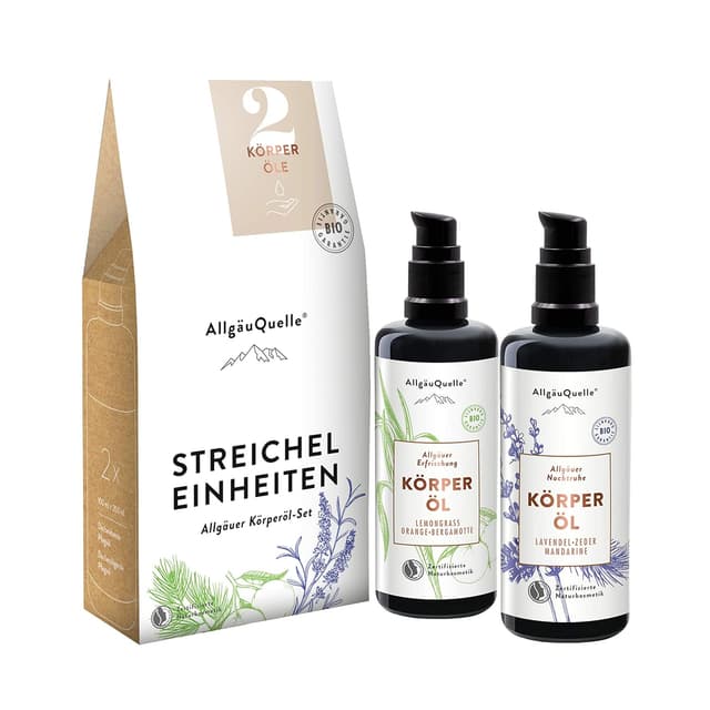 Detalle de AllgäuQuelle® BIO Körperöl Set „Streichel Einheiten“ – 2 x 100 ml Pflanzenöle & naturreine ätherische Öle