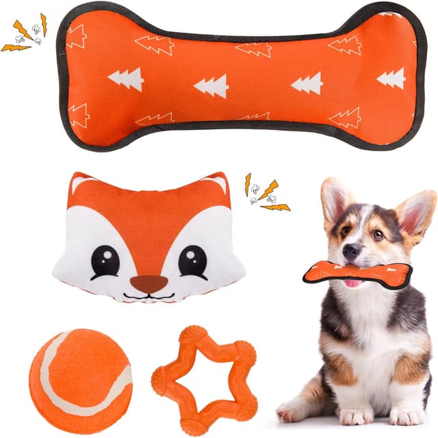 Detalle de LIFLIX Welpenspielzeug für kleine Hunde (4-teilig) – Fuchs-Plüsch mit Quietsch & Kauspielzeug aus Naturkautschuk