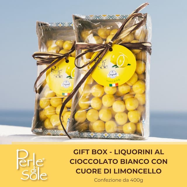Detalle de Perle di Sole Liquorini ripieni al Limoncello in cassettina maiolicata 400 g