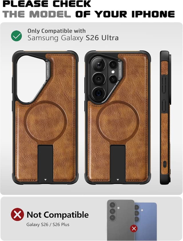 Detalle 2 de VAUSERDY Strong Magnetic Leather Case for Samsung Galaxy S26 Ultra (MagSafe, Kickstand, Shockproof) – Brown