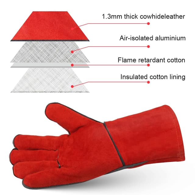 Detalle de AUAUY Heat-Resistant Long Leather Gauntlets – protective fire gloves for welding, BBQ, oven & fireplace use (red)