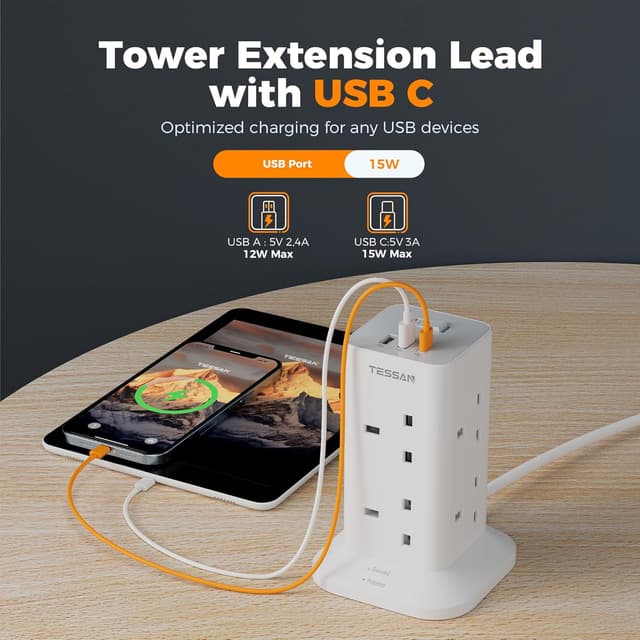 Detalle de TESSAN 8‑way Tower Extension Lead with USB‑C ports 🔌
