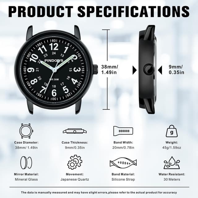 Detalle de PINDOWS Analoge Quarzarmbanduhr mit Silikonband (leuchtendes Zifferblatt, wasserfest) für Damen & Unisex