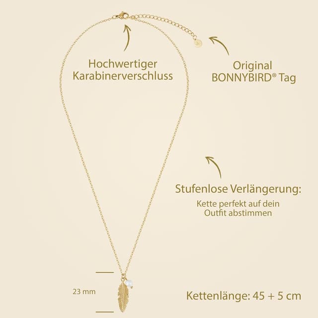 Detalle de BONNYBIRD BonnyFeather wasserfeste Federkette aus Edelstahl (316L) für Damen mit Süßwasserperle