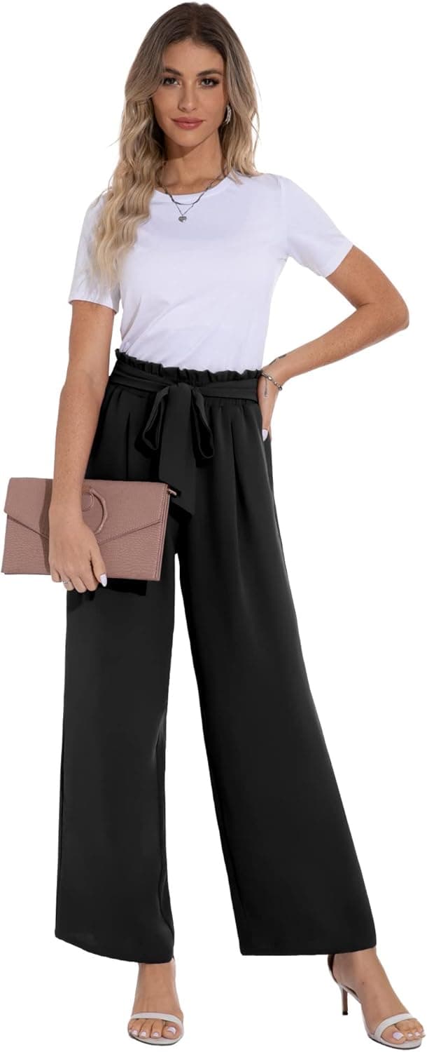 Detalle de PrinStory Damen Hose mit weitem Bein – leichte Sommerhose mit elastischem Bund und Taschen