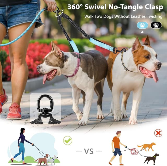 Detalle 2 de Double Dog Lead with Safety Handle – 360° Tangle-Free Double Leash for Medium & Large Dogs (Black)