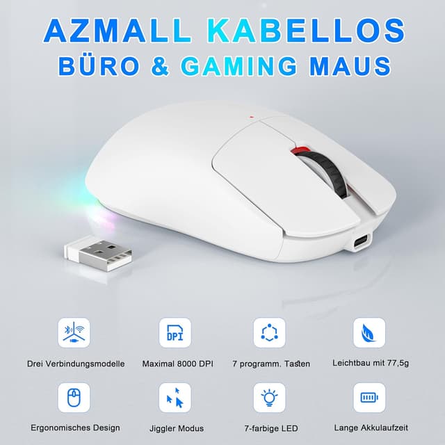 Detalle de Azmall 3-Modus kabellose Gaming-Maus (BT 5.3/2,4 GHz/USB‑C) – 8.000 DPI, 7 Tasten, RGB, Jiggler