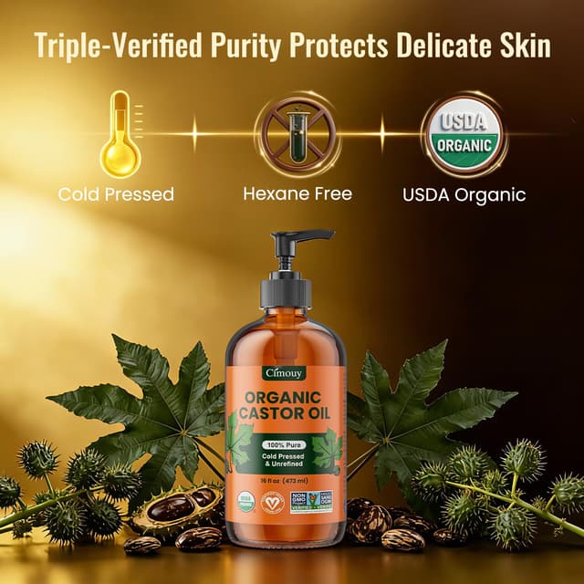 Detalle de USDA Organic Hexane-Free Castor Oil in 16oz Dark Amber Glass Bottle (Vegan, EWG Verified)