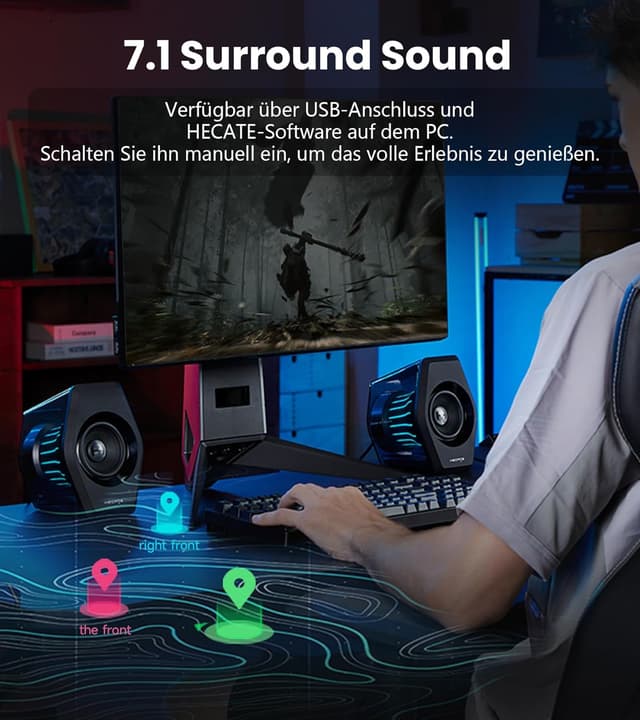 Detalle de Edifier G2000 Pro 2.0 RGB Gaming-Lautsprecher mit Virtual 7.1, Bluetooth 5.4, USB‑C/AUX und TempoFlow-Licht