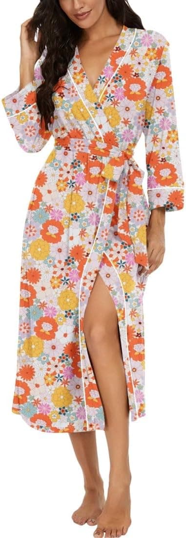 Detalle de PrinStory Women’s 95% Rayon 3/4 Sleeve Kimono Dressing Gown with Pockets & Fixed Belt