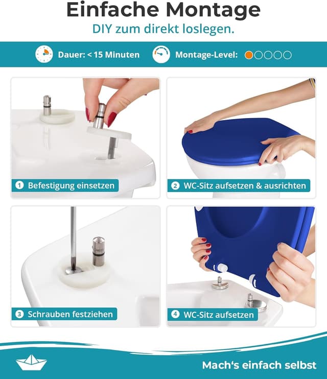 Detalle de Calmwaters® Premium WC Sitz mit einfacher Montage, antibakterieller Duroplast, Absenkautomatik – blau, oval (bis 250 kg)