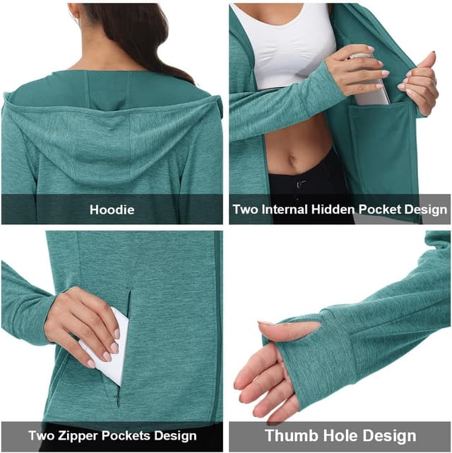 Detalle de donhobo Women’s Running Jackets with Thumb Hole – breathable, UPF 50+ zip-up hoodie with side pockets