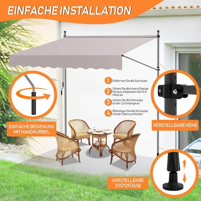 Detalle de ISOISL Klemmmarkise (400 cm breit) mit Handkurbel – Balkonmarkise ohne Bohren in Beige