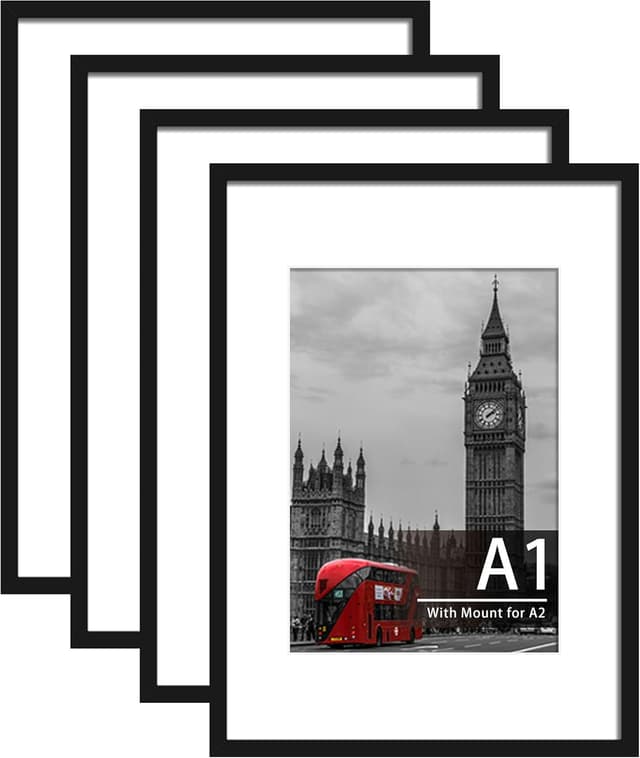 Detalle de Tinkeps 4 Pack A1 Black Picture Frame (Engineered Wood & Plexiglass), Wall Mountable for A2 Prints