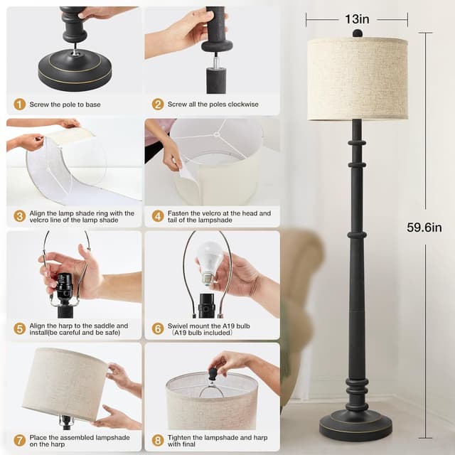 Thumbnail 6 de EJIAXIN 60" Resin Farmhouse Floor Lamp with Adjustable Color Temperatures (Black, Linen Shade)