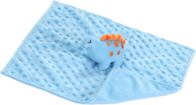 Detalle de CREVENT Baby Comforter for Sleeping (Mink Dot Front + Fleece Back) – Blue Dinosaur Plush Security Blanket, 34 x 34 cm