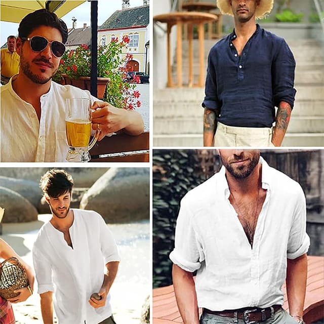 Detalle 2 de Enlision Herren Baumwolle-Leinenhemd als Henley Sommerhemd mit Langarm (Regular Fit)