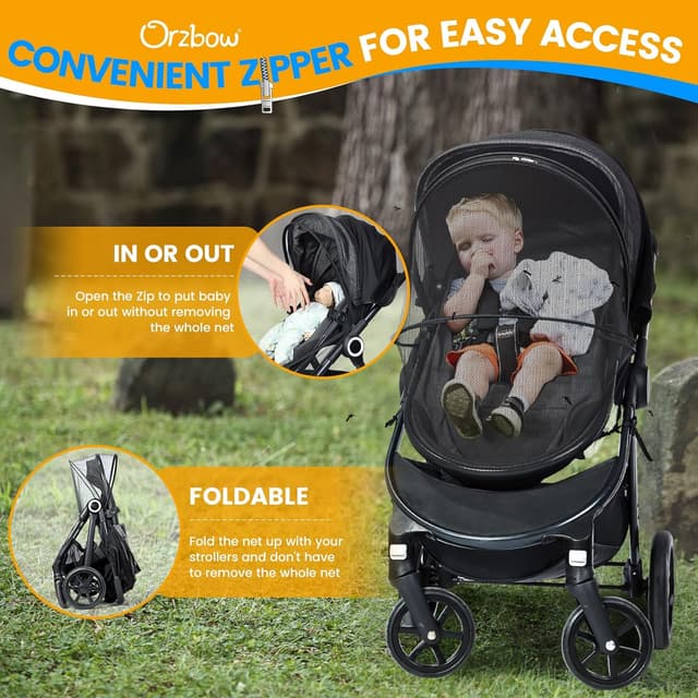 Detalle 2 de Orzbow Universal Mosquito Net for Pram (Black) with UPF 50+ Sunshade & Two-Way Zipper