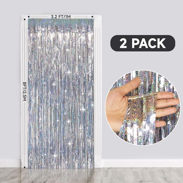Detalle 2 de jijAcraft Lametta Vorhang Silber Glitzer – Metallic Party Deko, 2 Stück (1 m x 2,5 m)