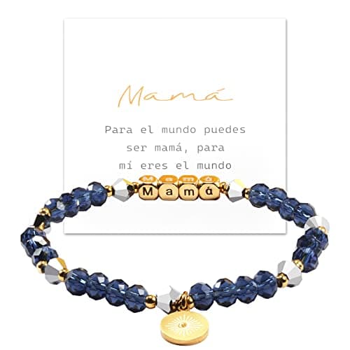 Detalle de BOCHOI pulsera Mamá con cristales de 8 mm y letras “Mamá” en caja regalo
